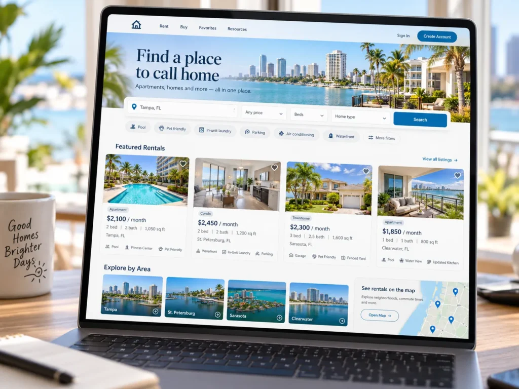 Online Florida rental property search showing apartments and homes available for rent.