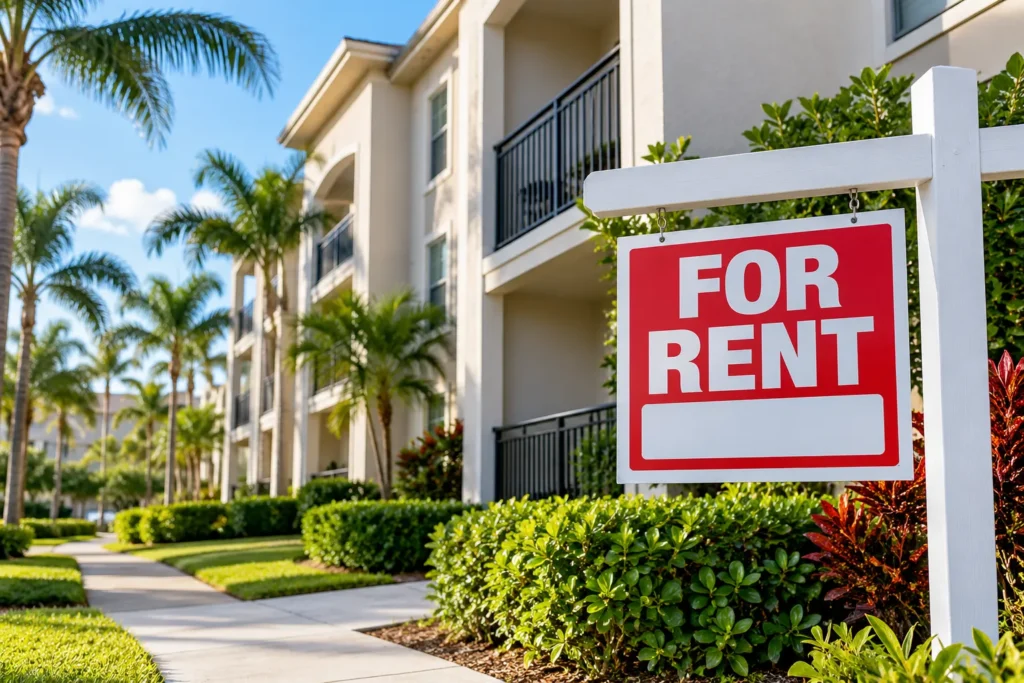 Florida rental property with a For Rent sign representing renters insurance for tenants.